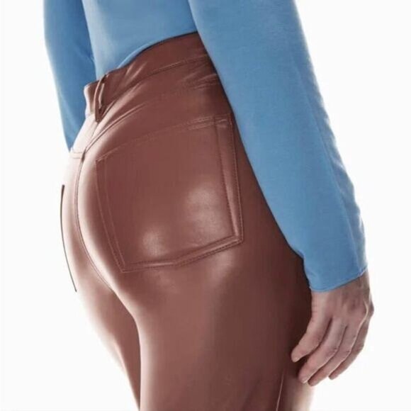 NWT WILFRED Aritzia Melina Cropped High Waisted Vegan Leather Pant Mocha Sz 4 - Picture 2 of 9